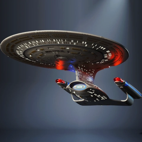 3D model of the USS Enterprise NCC-1701-D starship, illuminated with red and blue lights.