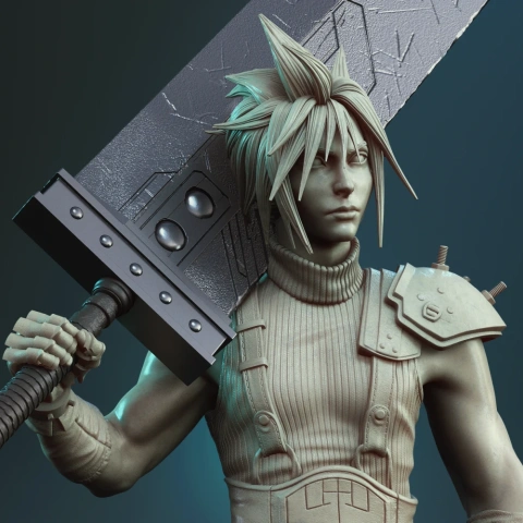 A detailed 3D model of a warrior with spiky hair, holding a large, textured sword on his shoulder.