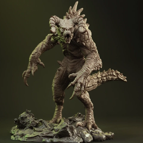 A detailed 3D model of a Deathclaw, featuring sharp claws, spiny armor, and a menacing stance on a rocky base.