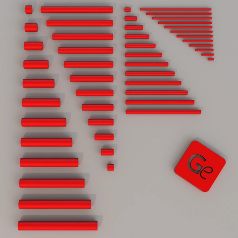 Red 3D pins in varying sizes and shapes on a gray background with a red square labeled 'Ge.'