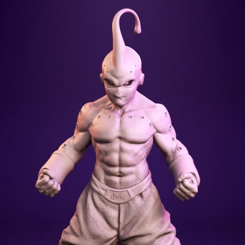 Muscular humanoid figure with antenna, clenched fists, and textured pants, posed against a purple background.