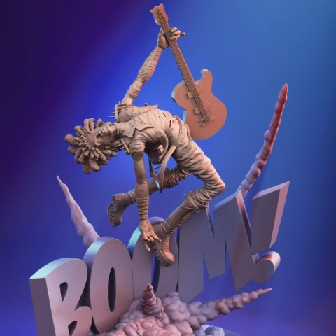 Spider Punk leaping with guitar, dynamic pose, on a 'BOOM!' base, from Spiderverse, 3D print model.