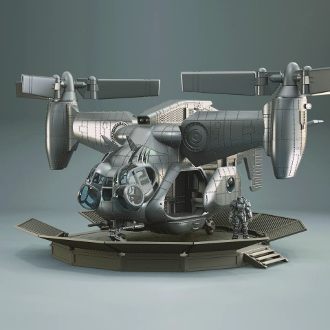 Futuristic helicopter model with rotors, ramp, and figure on platform.