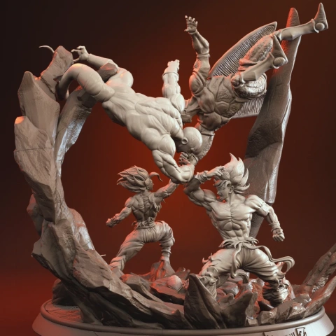 Dynamic diorama with muscular characters in combat, surrounded by rocky terrain and vivid movement.