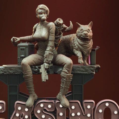 Character with goggles and weapon, seated on 'CASINO' sign, with animal and device. Detailed 3D model.