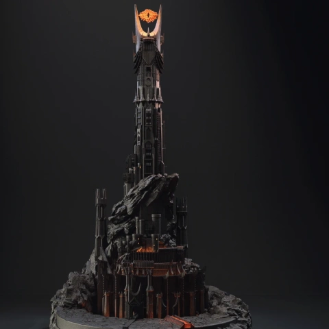 Intricate 3D model of Barad-dûr tower, with rocky base and fiery eye at the top, for 3D printing.