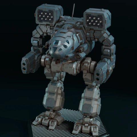 Futuristic mech robot with heavy armor, cannons, and intricate details on a platform base.
