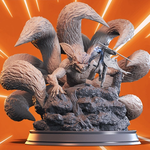 A 3D model of Naruto and Kurama, standing on rocky terrain, with dynamic poses and flowing elements.