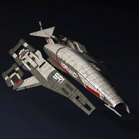 Futuristic spaceship model with 'Normandy SR1' text, featuring sleek design and detailed surface patterns.