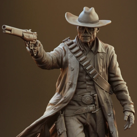 A rugged, cowboy figure in a trench coat, holding a revolver, with a bandolier and a hat.