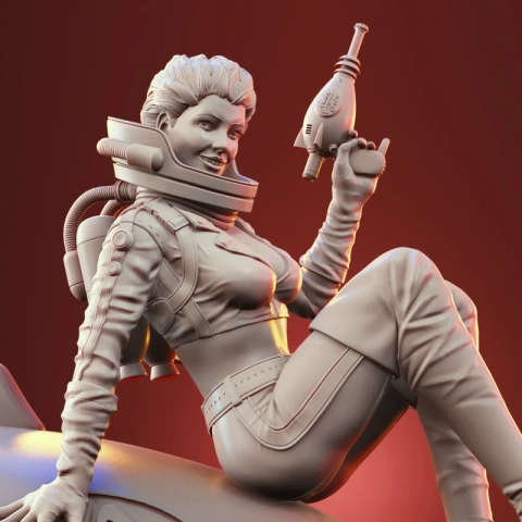 A 3D model of a retro sci-fi woman in a spacesuit, holding a ray gun, seated on a rocket.