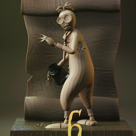 A humanoid ragdoll with goggles holds a jar, standing in front of a textured backdrop with a number 6.