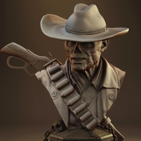 Ghoul bust wearing cowboy hat, bandolier, and holding a rifle.