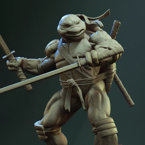 3D model of a muscular turtle humanoid with swords, ready for action pose.