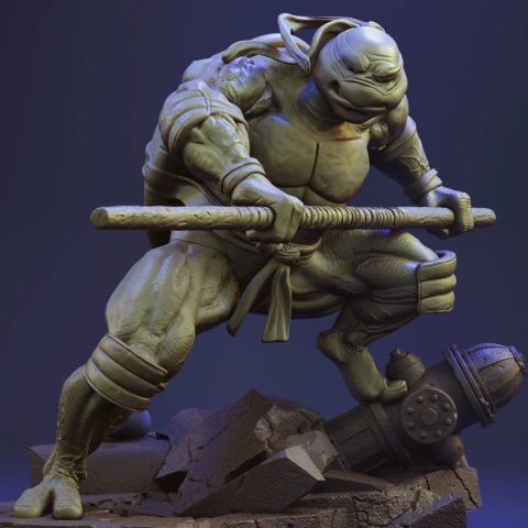 A muscular turtle warrior crouches with a staff, standing on a broken hydrant.