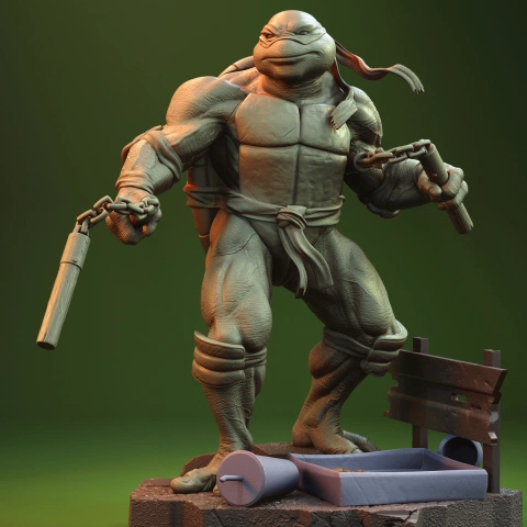 A muscular, anthropomorphic turtle holds nunchaku, standing on debris with a determined pose.