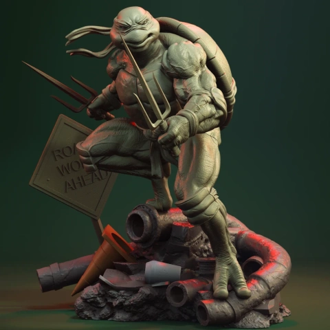 Raphael from TMNT, poised with sais, stands on rubble with a 'Road Work Ahead' sign.