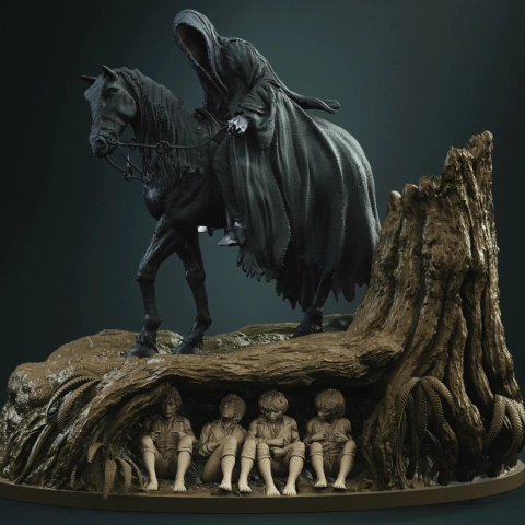 A cloaked figure on horseback above four small figures hiding beneath a tree root.