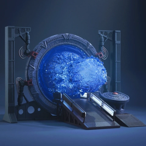 A detailed 3D model of a Stargate with an active blue event horizon and ramp, ready for 3D printing.