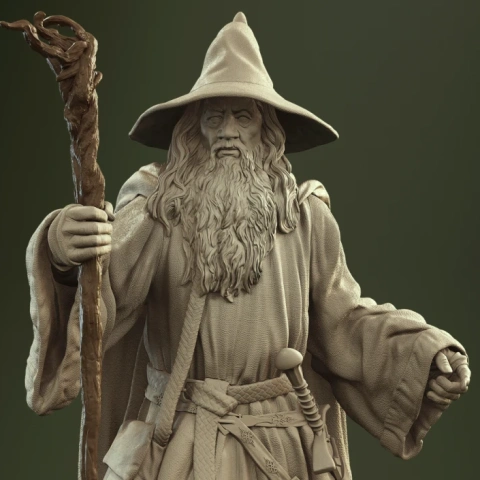 A 3D model of a wizard with a hat and staff, detailed robes, and a bushy beard, ready for printing.