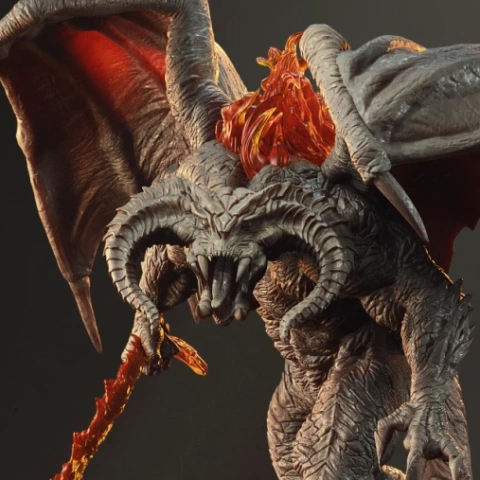 A detailed 3D model of a winged, fiery creature with horns and a flaming sword, posed for diorama display.