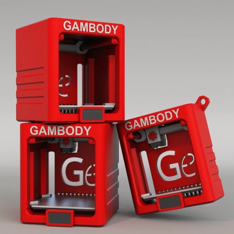Three red 3D printer calibration cubes with 'Gambody' text, showcasing open interiors and mechanical details.