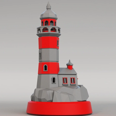 3D model of a red and gray lighthouse with a round base, featuring rocks and a small building.