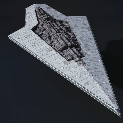 Futuristic, large triangular-shaped spaceship model with intricate surface details.