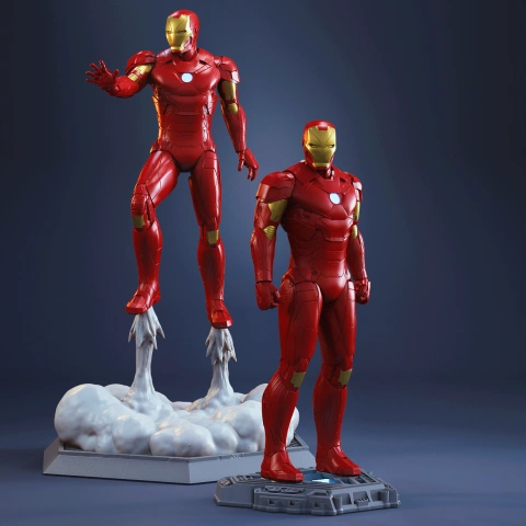 Two Iron Man Mark 46 models; one standing, one flying with jet effects on cloud base.