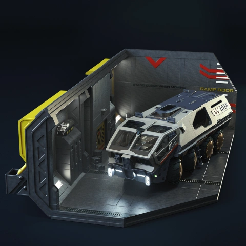 Futuristic six-wheeled transport vehicle in a tech-themed docking bay with ramp door.
