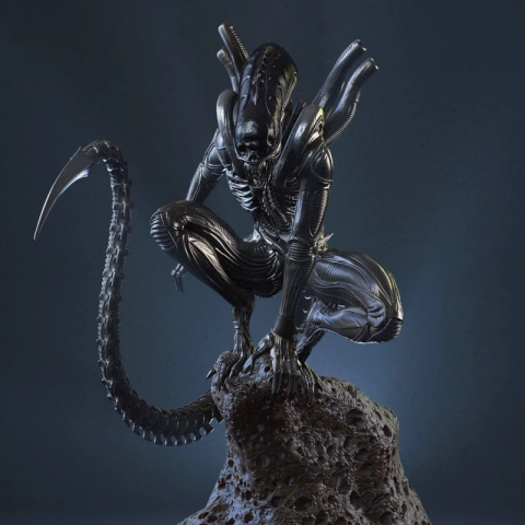 A crouching alien creature with biomechanical features and a long tail on a rocky base.