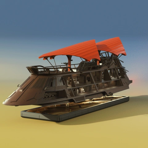 A detailed 3D model of a sci-fi sail barge with red canopy tops, designed for 3D printing.