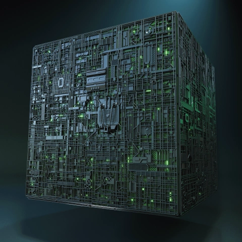 Highly detailed, futuristic cube with intricate patterns and glowing green elements.
