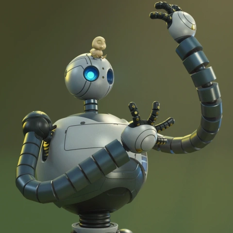 A stylized robot with long, flexible arms and a small creature on its head, set against a blurred background.