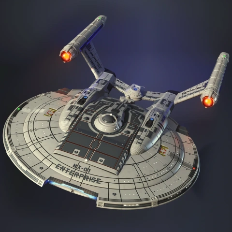 3D model of the starship Enterprise NX-01, with detailed design for 3D printing, showing top and side views.
