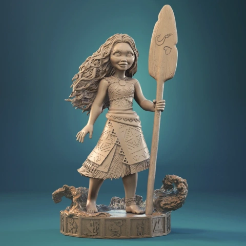 Young girl in detailed island attire holding a paddle, standing on a decorated base with waves.