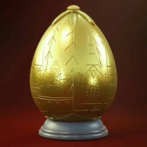 A golden egg with embossed designs, displayed on a round stand.