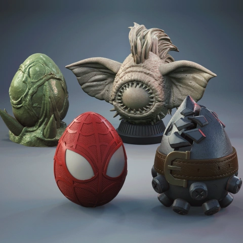 Four character-inspired egg models: a red mask, green creature, furry gremlin, and armored egg with gadgets.