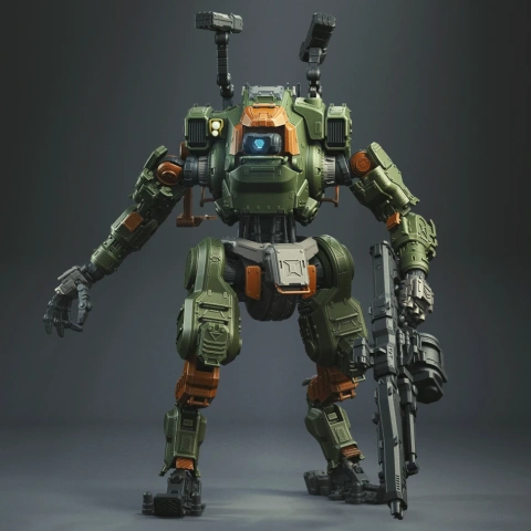 A detailed 3D model of a combat mech robot holding a large weapon, designed for 3D printing.