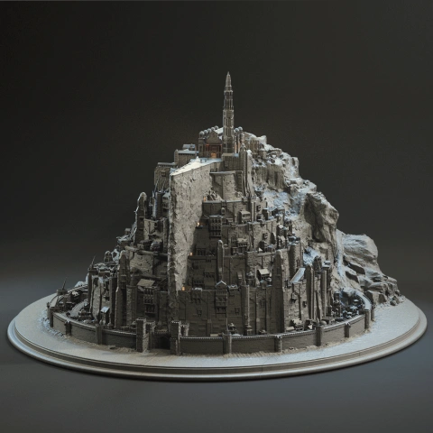 Detailed 3D model of Minas Tirith, a fortified city from Lord of the Rings, on a circular base.