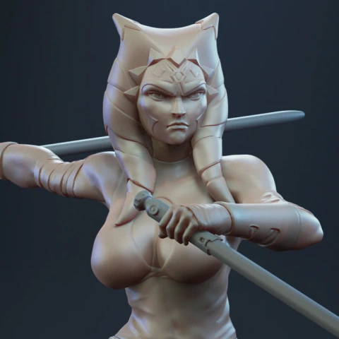 A detailed 3D model of a warrior with dual lightsabers, standing on a futuristic platform.