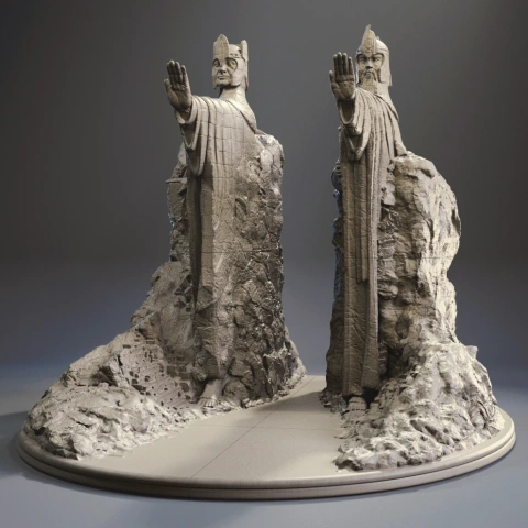 Stone statues of robed figures with raised hands, standing amid rocky terrain.