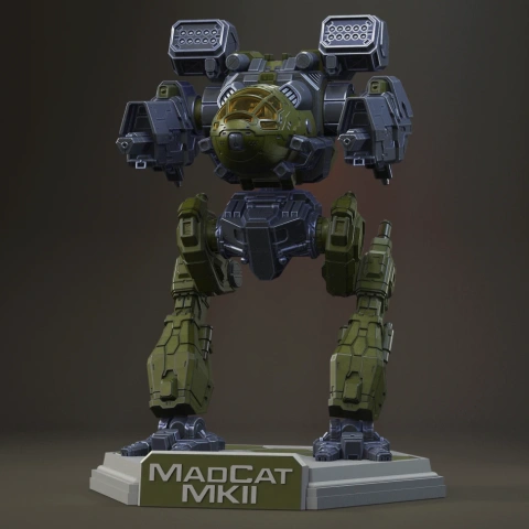 Futuristic robotic mech with dual arm cannons and intricate mechanical details, ready for 3D printing.