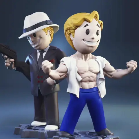 Two stylized figures: one dressed as a gangster with a hat, the other showing muscles, both on labeled bases.