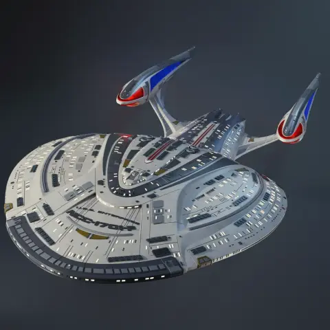 Futuristic spaceship model with two sleek, angled engines and a rounded, detailed hull design.