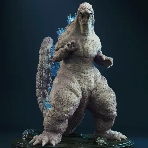 A detailed 3D model of Heisei Godzilla standing with its tail curled, ready for 3D printing.