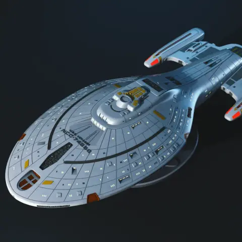 A detailed 3D model of the USS Voyager starship, featuring intricate surface design and textures.