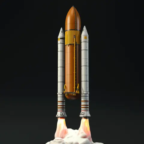 Space shuttle launch model with central orange fuel tank and two white boosters emitting flames.