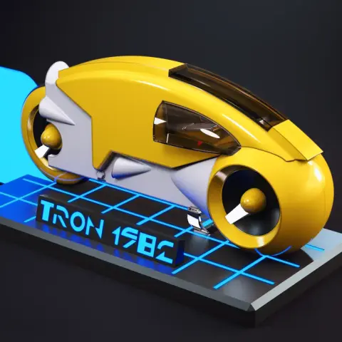Yellow sci-fi light cycle model on a grid base labeled 'TRON 1982.'