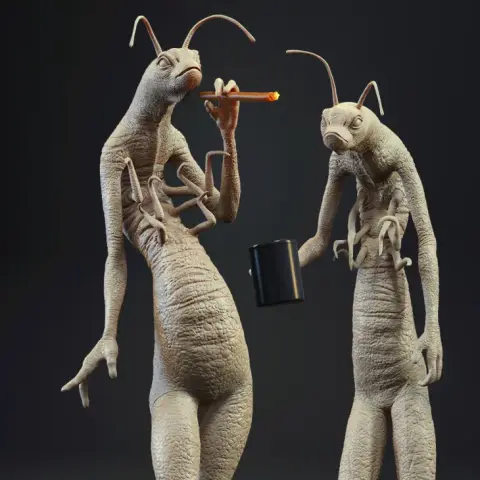Two standing alien worm creatures; one holds a cup, the other smokes, both with detailed textures.